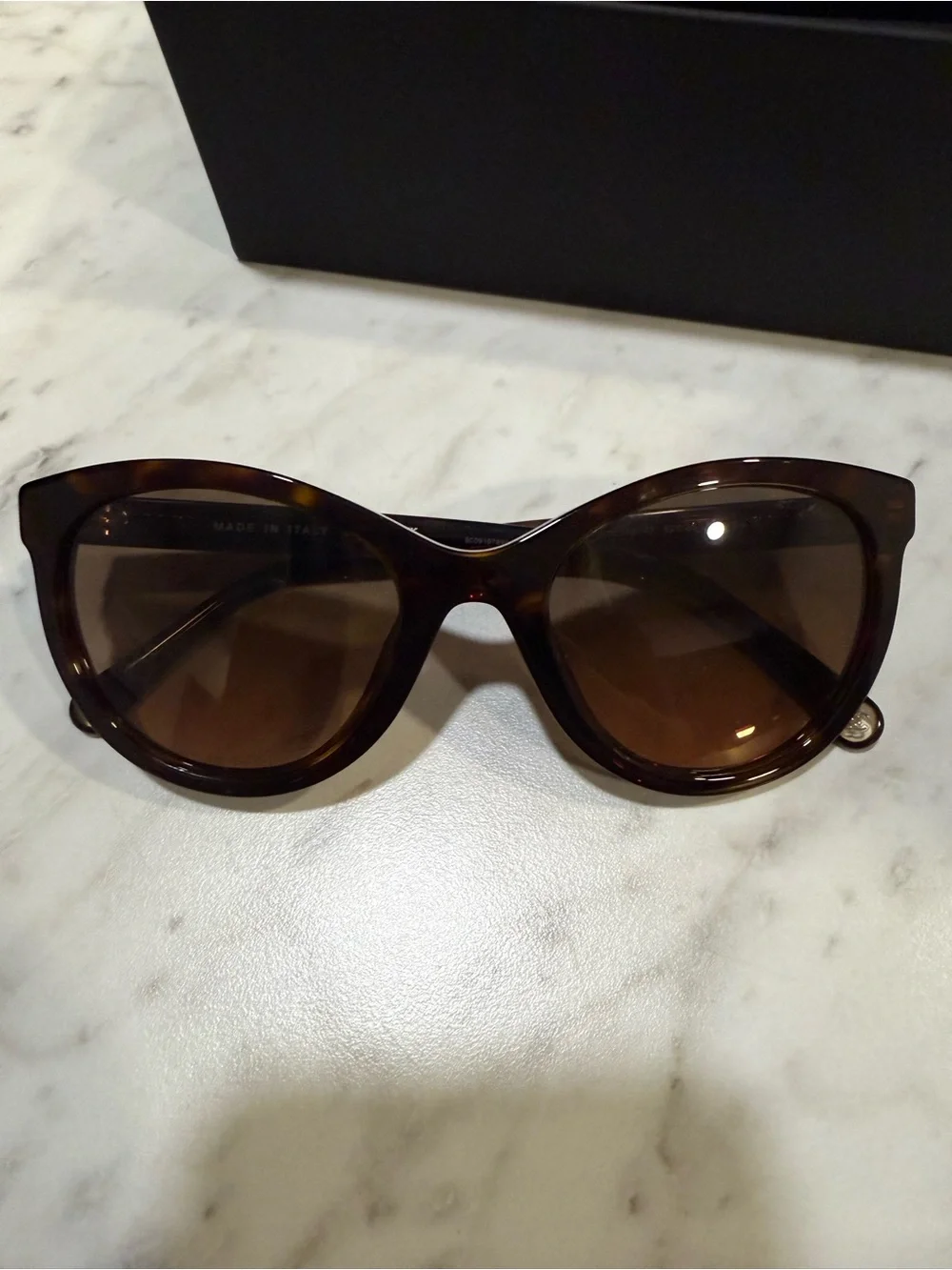 CHANEL Tortoiseshell Round Sunglasses with Gold Logo